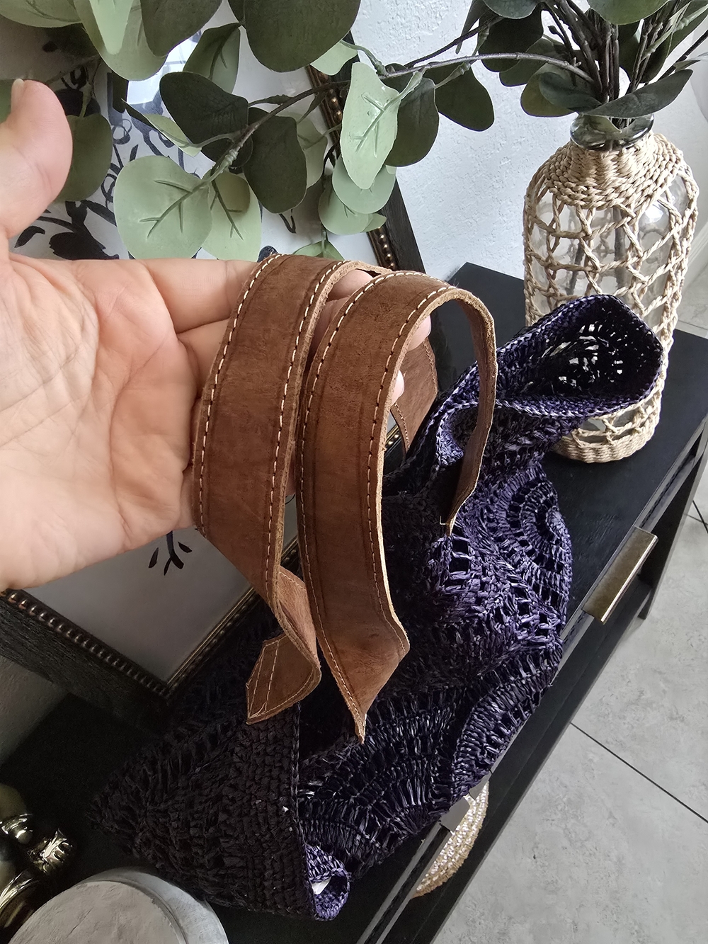 Mar Y Sol Tulum Navy Raffia Tote Handcrafted Crochet Beach Bag - Picture 3 of 10